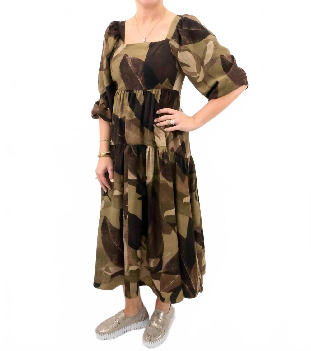 NEW ENTRO leaf print square neck maxi dress in olive